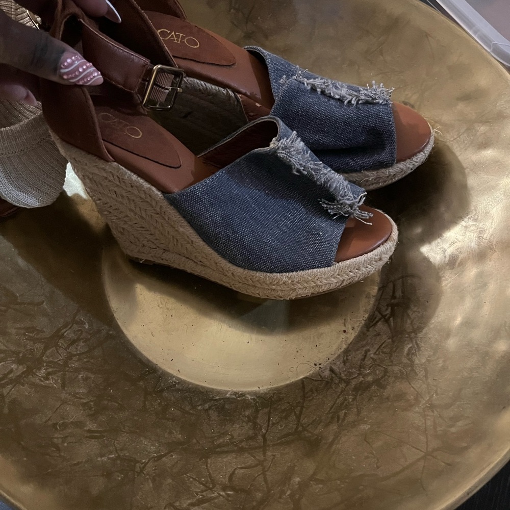 Cato Blue Denim and Brown Wedge Sandals
